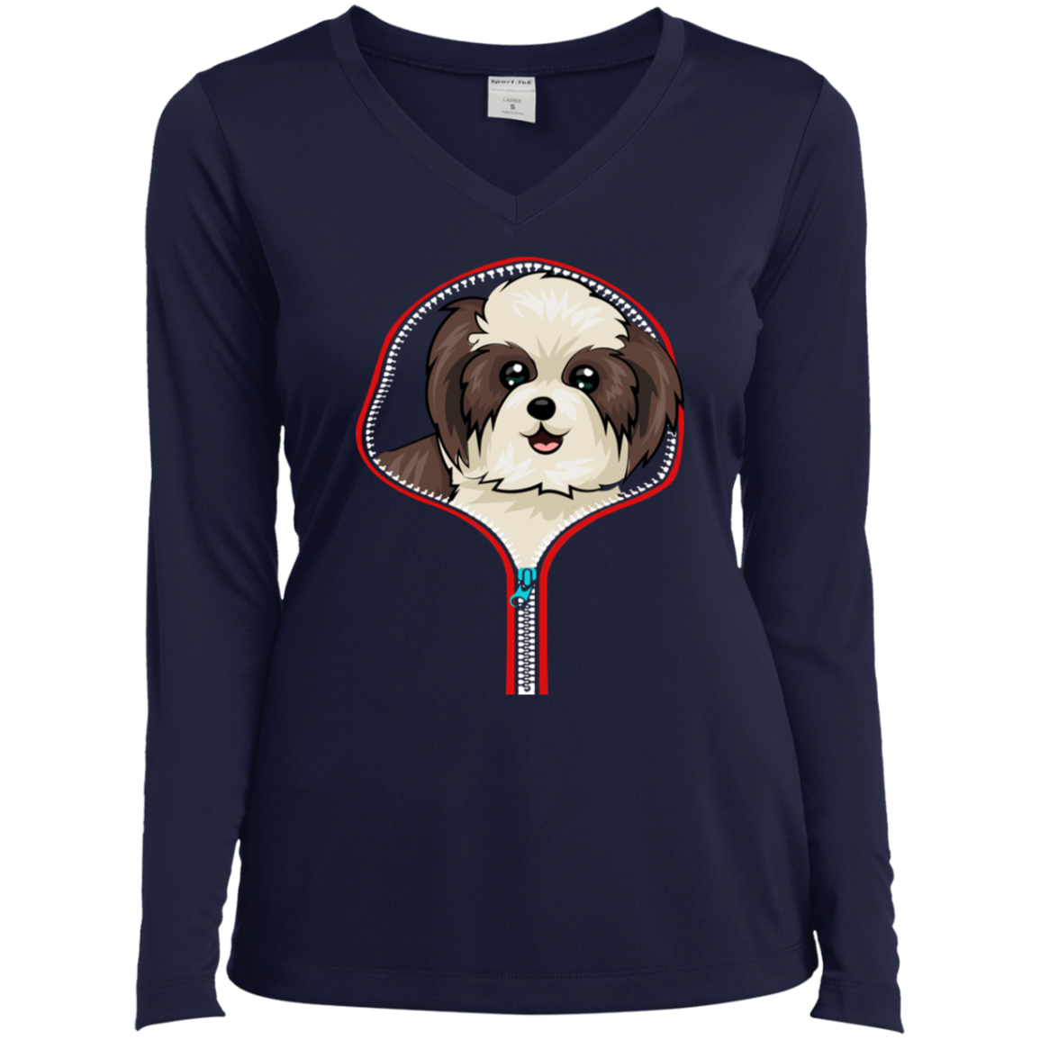 SHIH TZU ZIP-DOWN Ladies' LS Performance V-Neck T-Shirt