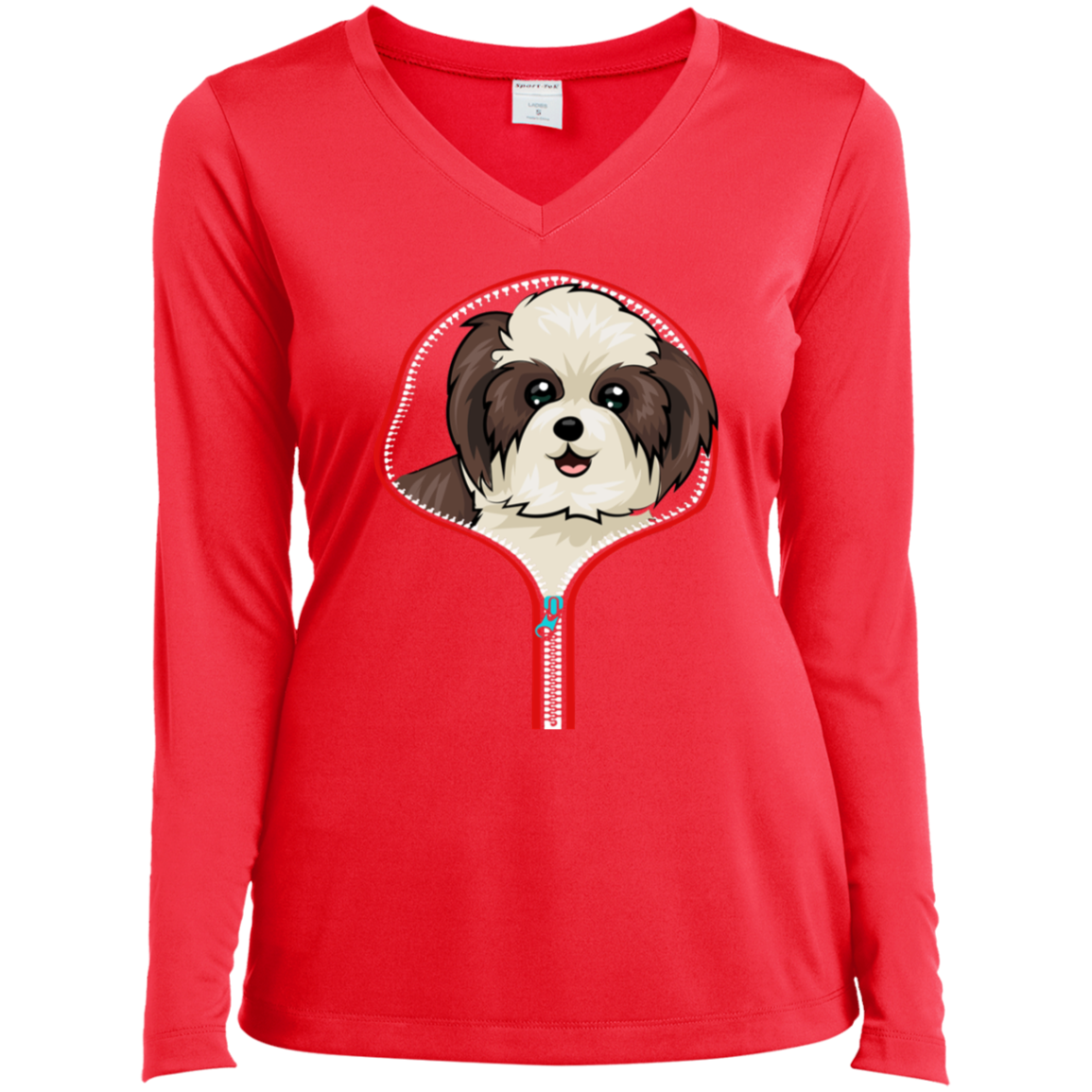 SHIH TZU ZIP-DOWN Ladies' LS Performance V-Neck T-Shirt