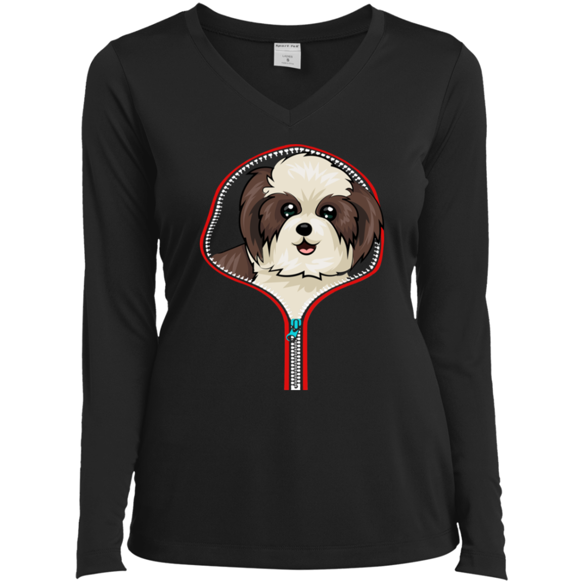 SHIH TZU ZIP-DOWN Ladies' LS Performance V-Neck T-Shirt
