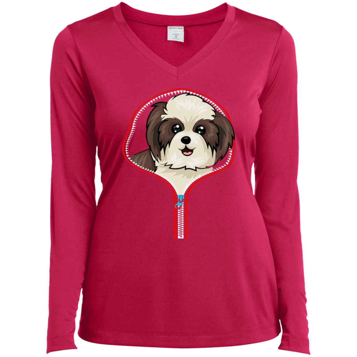 SHIH TZU ZIP-DOWN Ladies' LS Performance V-Neck T-Shirt