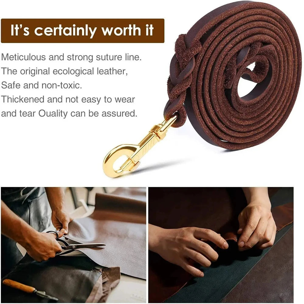 Genuine Leather Dog Leash Dogs Long Leashes Braided Pet Walking Training Leads Brown Black Colors For Medium Large Pet