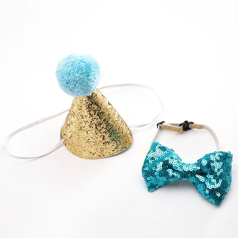 Cat Dog Bow Tie Hat Decoration 2Pcs/Set Baby Birthday Party Prop Accessory Glitter Pom Pom Headwear+Bowknot Collar Pet Supplies